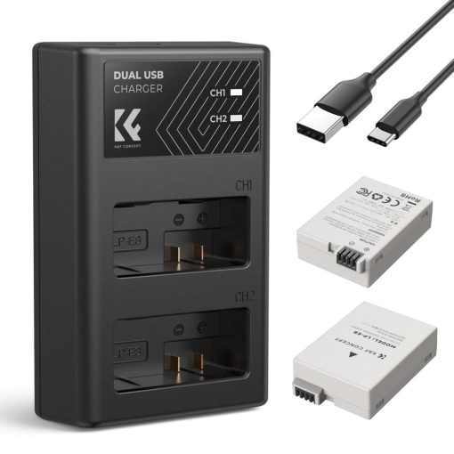 K&F Concept hordozható dupla USB-C akkumulátor LC-E12E töltő + 2db LP-E8 akkumulátor 1250mAh (KF-28-0027)